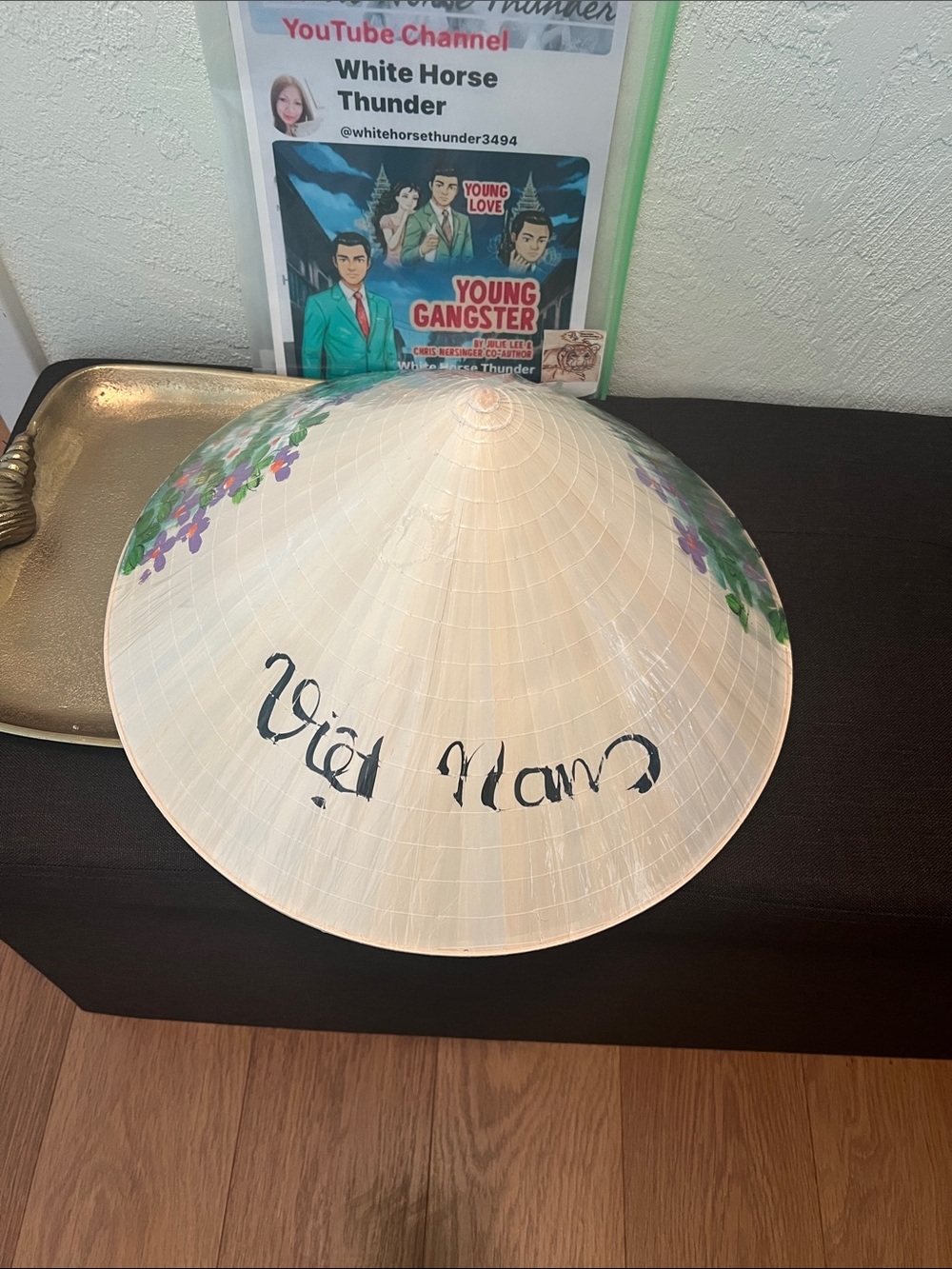 #2004: Hand-Painted Floral Conical Asian Hat - Cream with Green & Purple Accents - Picture 6 of 13
